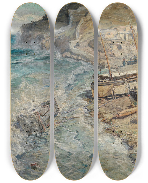 Triptych art skateboard deck of Anton Josef Pepin On The Neapolitan Coast by Anton Josef Pepin (1863-1921)