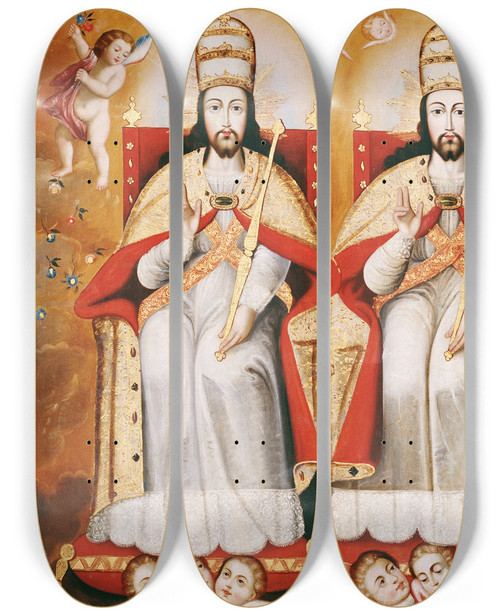Triptych art skateboard deck of Cusco School The Enthroned Trinity As Three Identical Figures by Cusco School