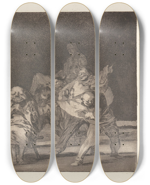 Triptych art skateboard deck of Francisco De Goya He Who Does Not Like Thee Will Defame Thee In Jest Loyalty El Que No Te Ama Burlando Te Difama La Lealtad by Francisco de Goya (1746-1828)