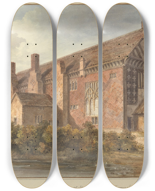 Triptych art skateboard deck of John Buckler South East View Of Samlesbury Hall Lancashire by John Buckler (1770-1851)