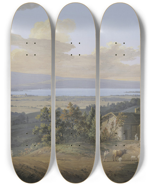 Triptych art skateboard deck of Jeanantoine Linck Vue Du Lac De Genve by Jean-Antoine Linck (1766-1843)