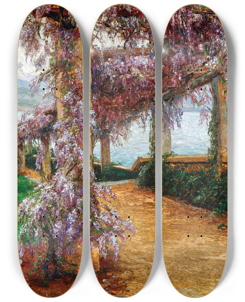 Triptych art skateboard deck of Olga Wisingerflorian A Wisteriacovered Pergola In The Garden Of Villa Haas In Abbazia by Olga Wisinger-Florian (1844-1926)