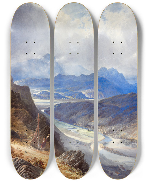 Triptych art skateboard deck of William Turner Of Oxford A View From Moel Cynwich Looking Over The Vale Of Afon Mawddach And Toward Cader Idris by William Turner Of Oxford (1789-1862)