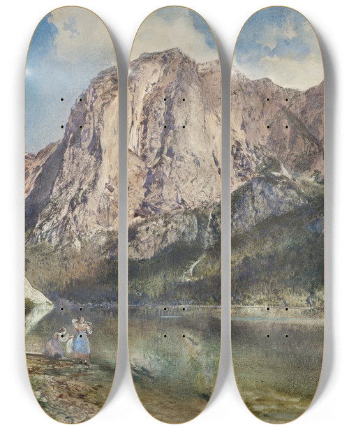 Triptych art skateboard deck of Rudolf Von Alt Altaussee Lake And Face Of Mount Trissel by Rudolf Von Alt (1812-1905)