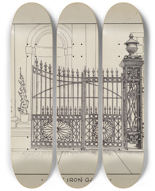 Triptych art skateboard deck of Ray Price Iron Gate And Fence_5 by Ray Price (20-)