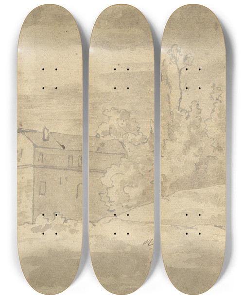 Triptych art skateboard deck of Joseph Wright Of Derby Landscape With Villa Surrounded By Trees by Joseph Wright Of Derby (1734-1797)