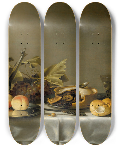 Triptych art skateboard deck of Circle Of Pieter Claesz Peaches On A Silver Platter A Fruit Pie A Bread Roll A Prunted Roemer And A Silver Coffee Pot On A Partially Draped Table by Circle Of Pieter Claesz (1597-1660)