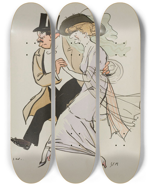 Triptych art skateboard deck of Georges Goursat Sem La Valse Des Roses M Raphael Maurice Bertrand Mathilde See Say by Georges Goursat (Sem) (1863-1934)