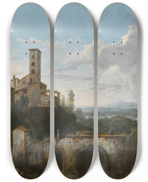Triptych art skateboard deck of Csar Van Loo A River Landscape With Ruins Of An Aqueduct by Cesar Van Loo (1743-1821)