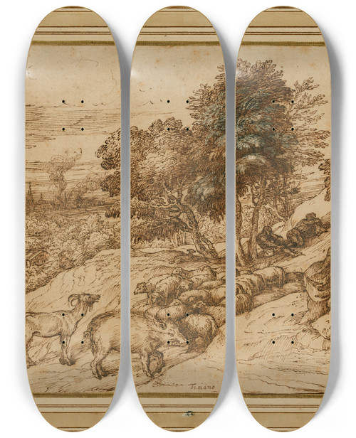 Triptych art skateboard deck of Titian Pastoral Scene by Titian (1488-1576)