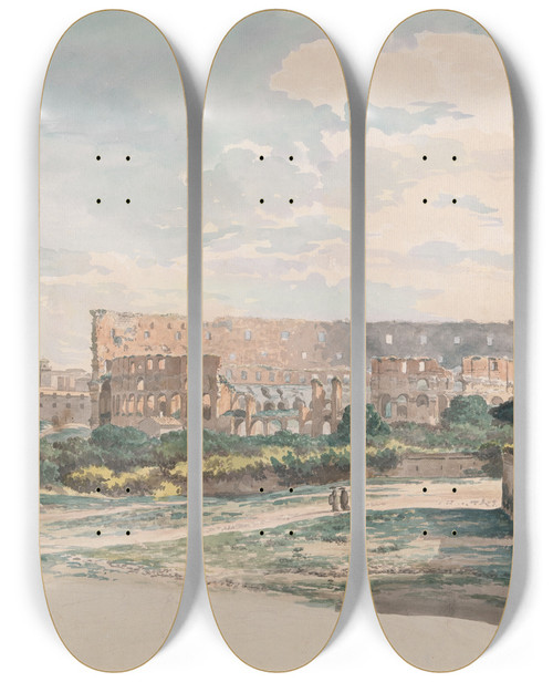 Triptych art skateboard deck of Carlo Labruzzi The Colosseum From The Caelian Mount With The Arch Of Constantine And A View Of The Forum Rome by Carlo Labruzzi (1748-1817)