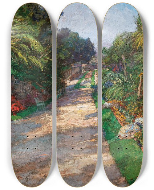 Triptych art skateboard deck of Olga Wisingerflorian A Gardenpath Of The Riviera Palace Hotels Bei Monte Carlo by Olga Wisinger-Florian (1844-1926)