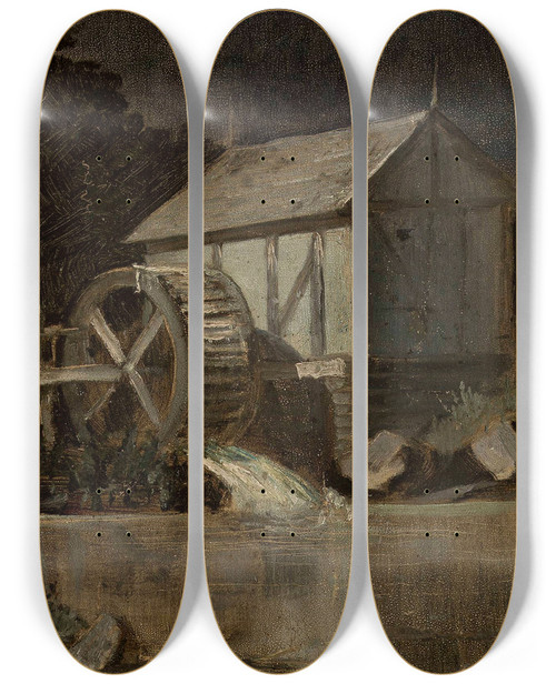 Triptych art skateboard deck of Jan Stanislawski Mill At The River On A Moonlit Night by Jan Stanislawski (1860-1907)