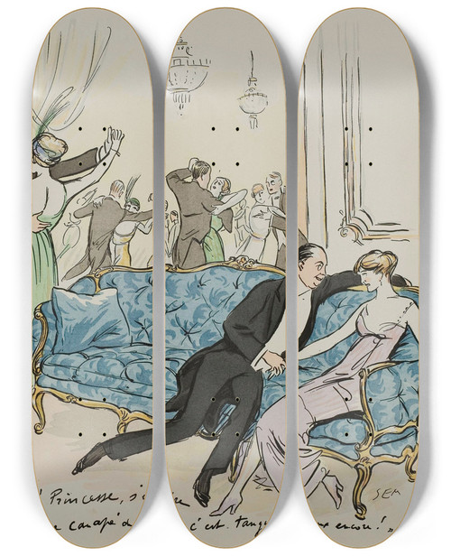 Triptych art skateboard deck of Georges Goursat Sem Ah Princesse Stendre Dans Ce Canap De Jansen by Georges Goursat (Sem) (1863-1934)