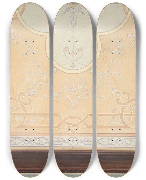 Triptych art skateboard deck of Julesedmondcharles Lachaise Design For The Decoration Of A Ceiling With Strapwork And Rinceaux_1 by Jules-Edmond-Charles Lachaise (1897)