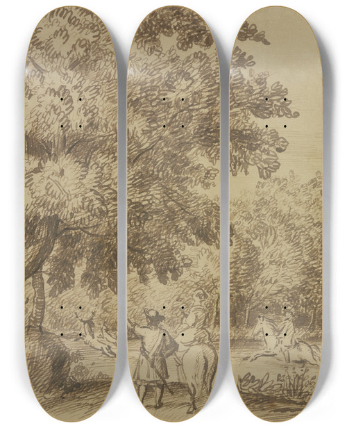 Triptych art skateboard deck of Jan Lievens Waldpartie Zwei Reiter Sprengen Einen Hirsch Durchs Wasser Eine Dame Zu Pferde Sieht Zu by Jan Lievens (1607-1674)