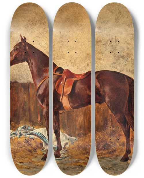 Triptych art skateboard deck of Carl Rudolf Huber Vor Dem Ausritt by Carl Rudolf Huber (1839-1896)