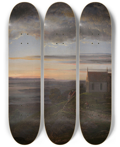 Triptych art skateboard deck of Johan Christian Dahl The Ruined Church At Avaldsnes At Karmy by Johan Christian Dahl (1788-1857)