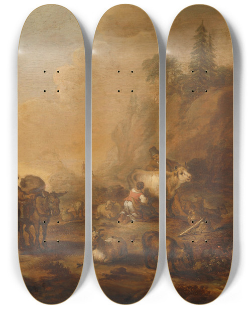 Triptych art skateboard deck of Cornelis De Bie Landscape With Herdsmen And Their Droves by Cornelis De Bie (1621-1664)
