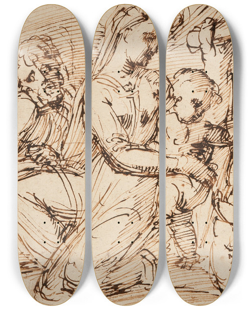 Triptych art skateboard deck of Baccio Bandinelli The Holy Family With Saint John The Baptist by Baccio Bandinelli (1493-1560)