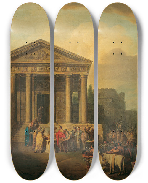Triptych art skateboard deck of Vinzenz Fischer Sacrifice In Front Of A Roman Temple by Vinzenz Fischer (1729-1810)