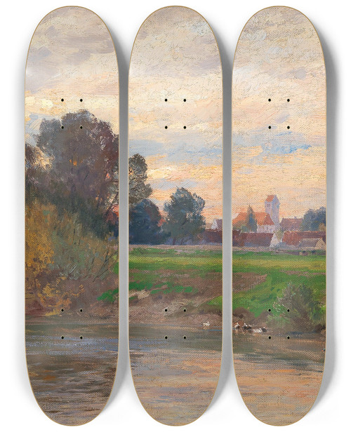 Triptych art skateboard deck of Hugo Darnaut Abendlandschaft Etzenhausen by Hugo Darnaut (1850-1937)