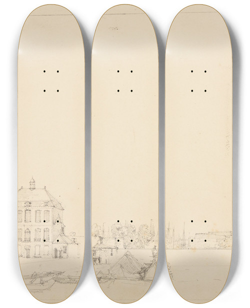 Triptych art skateboard deck of Jacquesraymond Brascassat Vue Dun Port Indtermin_2 by Jacques Raymond Brascassat (1804-1867)
