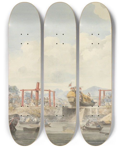Triptych art skateboard deck of William Alexander Barges Of The Embassy Being Raised From One Canal To Another On Their Way From Hantcheoufoo To Tchusan 16 November 1793 by William Alexander (1767-1816)