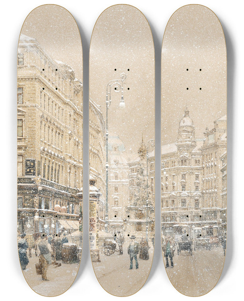 Triptych art skateboard deck of Richard Moser Graben In Vienna At Snow Flurry by Richard Moser (1874-1924)