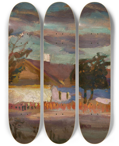 Triptych art skateboard deck of Jan Stanislawski Cold Day A House In The Sun by Jan Stanislawski (1860-1907)