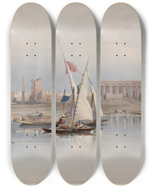 Triptych art skateboard deck of David Roberts General View Of The Ruins Of Luxor From The Nile 1838 by David Roberts (1796-1864)