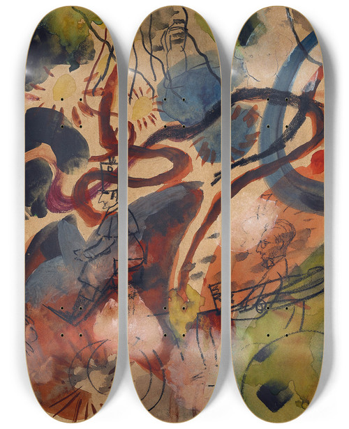 Triptych art skateboard deck of August Macke Satirical Figure On The Blue Rider by August Macke (1887-1914)