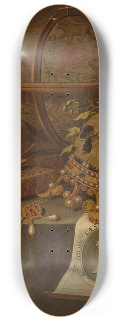 Edwaert Collier - A skull atop a jewelled crown, an astrological globe, an hourglass, a book, a shell with soap bubbles and an engraved portrait of the Emperor Augustus on a draped table 8.25 inch art skate deck