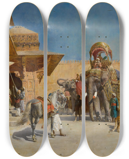 Triptych art skateboard deck of Edwin Lord Weeks Departure For The Hunt by Edwin Lord Weeks (1849-1903)