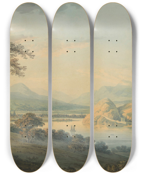 Triptych art skateboard deck of Hugh William Williams View Of The Town And Castle Of Dumbarton by Hugh William Williams (1773-1829)