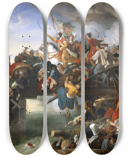 Triptych art skateboard deck of Johann Peter Krafft Zrnyis Charge From The Fortress Of Szigetvr by Johann Peter Krafft (1780-1856)