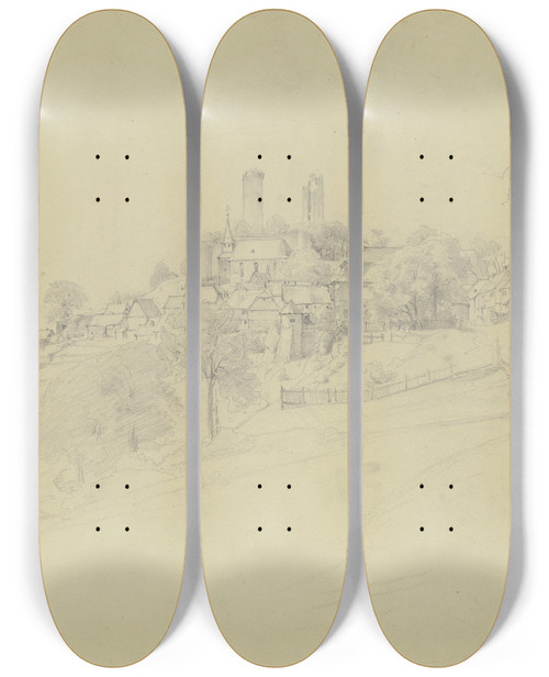 Triptych art skateboard deck of Jakob Frchtegott Dielmann View Of Reifenberg by Jakob Furchtegott Dielmann (1809-1885)