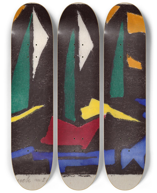 Triptych art skateboard deck of Jacoba Van Heemskerck Boat And Trees by Jacoba Van Heemskerck (1876-1923)