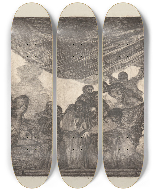 Triptych art skateboard deck of Francisco De Goya Without Commending Himself Either To God Or The Devil Clear Folly Sin Recomendarse A Dios Ni Al Diablo Disparate Claro by Francisco de Goya (1746-1828)