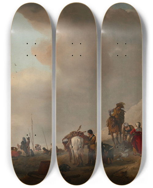 Triptych art skateboard deck of Philips Wouwerman Fisherfolk Unloading Their Catch On The Seashore by Philips Wouwerman (1619-1668)