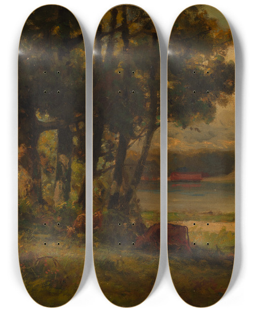 Triptych art skateboard deck of Edward Mitchell Bannister Untitled Landscape With Cows Grazing Near River by Edward Mitchell Bannister (1828-1901)