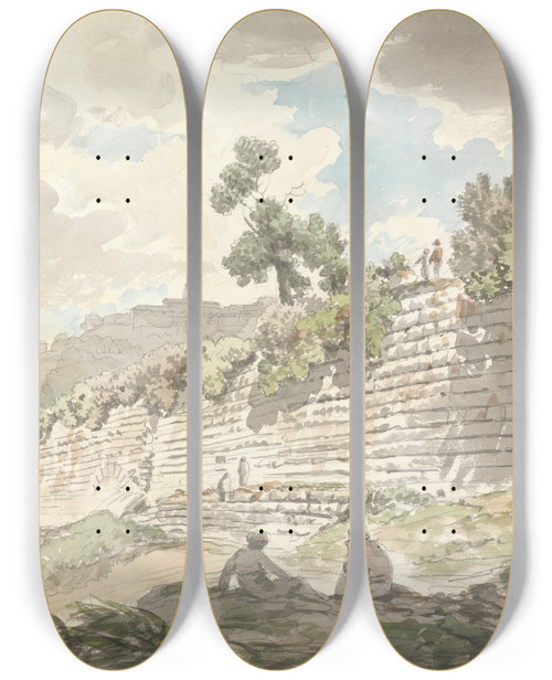 Triptych art skateboard deck of Carlo Labruzzi Embankment Below Ariccia by Carlo Labruzzi (1748-1817)