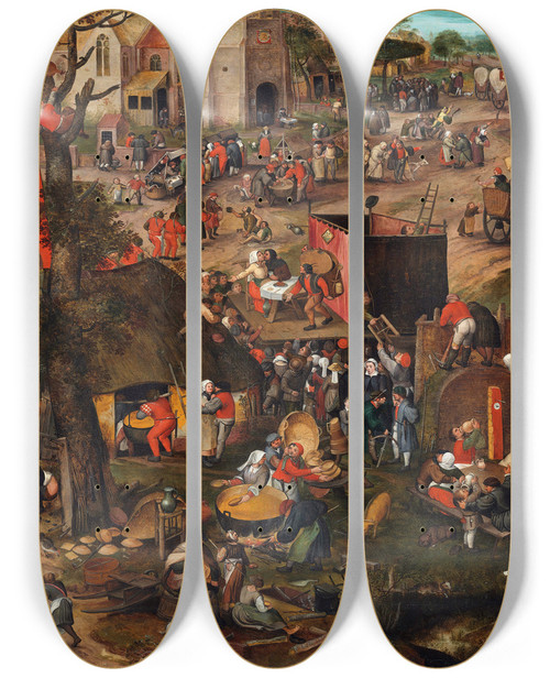 Triptych art skateboard deck of Peeter Baltens A Flemish Kermis With A Performance Of The Farce Een Cluyte Van Plaeyerwater by Peeter Baltens (1527-1584)