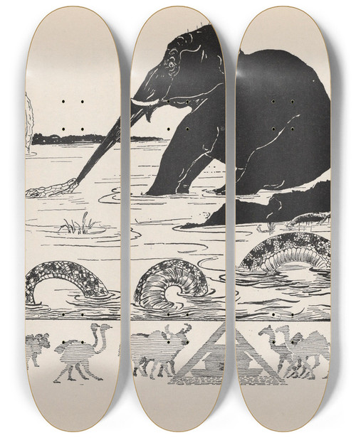 Triptych art skateboard deck of Rudyard Kipling This Is The Elephants Child Having His Nose Pulled By The Crocodile by Rudyard Kipling (1865-1936)