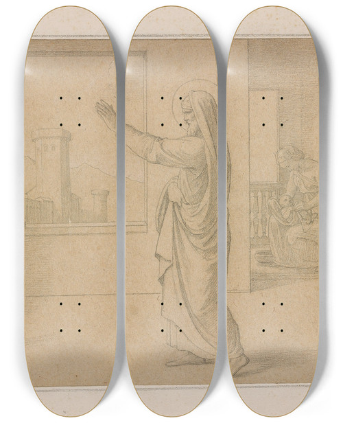 Triptych art skateboard deck of Johann Friedrich Overbeck David Before Nathan With Bathsheba And Her Child In The Background by Johann Friedrich Overbeck (1789-1869)