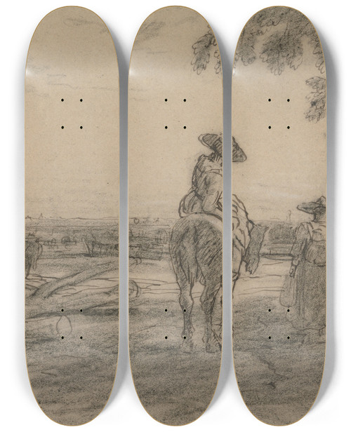 Triptych art skateboard deck of Sir Augustus Wall Callcott Woman On A Horse With Two Standing Women Overlooking A Landscape by Sir Augustus Wall Callcott (1779-1844)