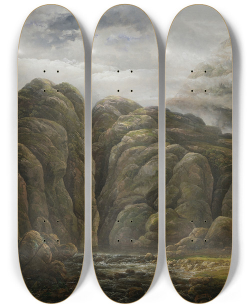 Triptych art skateboard deck of Johan Christian Dahl Norwegian Mountain Landscape by Johan Christian Dahl (1788-1857)