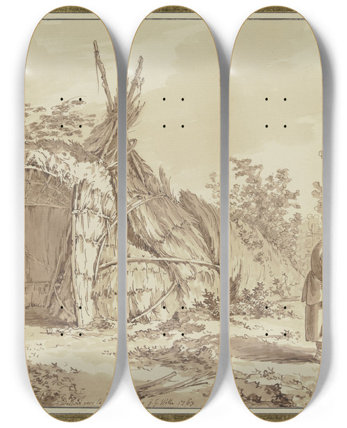 Triptych art skateboard deck of Johann Georg Wille Old Couple In Front Of Straw Hut by Johann Georg Wille (1715-1808)