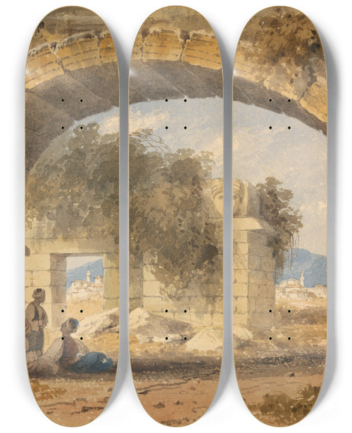 Triptych art skateboard deck of William Page Figures Seated Under A Stone Arch by William Page (1811-1885)