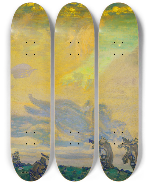 Triptych art skateboard deck of Nicholas Roerich The Great Sacrifice Setting For Ifstravinskys Ballet Sacred Spring_1 by Nicholas Roerich (1874-1947)